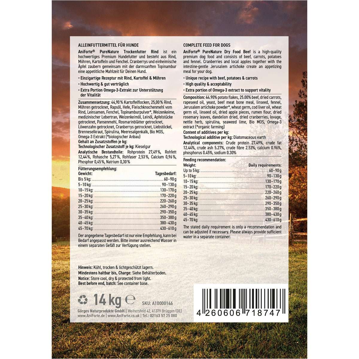 14 kg AniForte® PureNature Trockenfutter Rind Verpackung mit Angaben zur Zusammensetzung und Fütterungsempfehlungen im Freien.