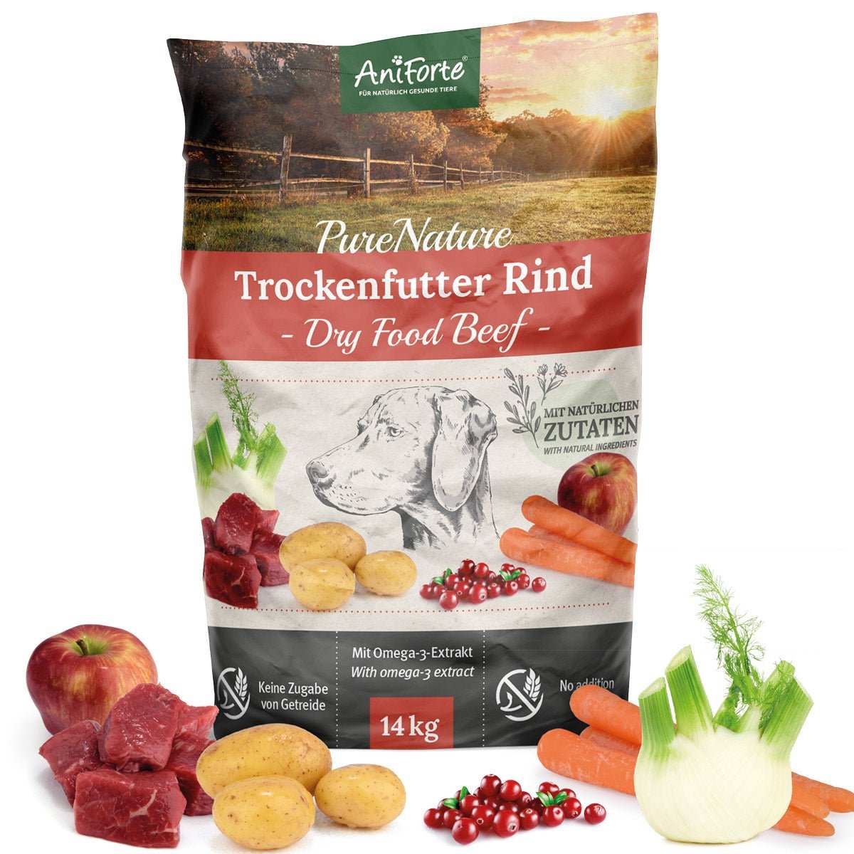 AniForte PureNature Trockenfutter Rind für Hunde mit frischem Rindfleisch, Kartoffeln und Gemüse, getreidefrei, Allergiker-freundlich, 14 kg Packung.