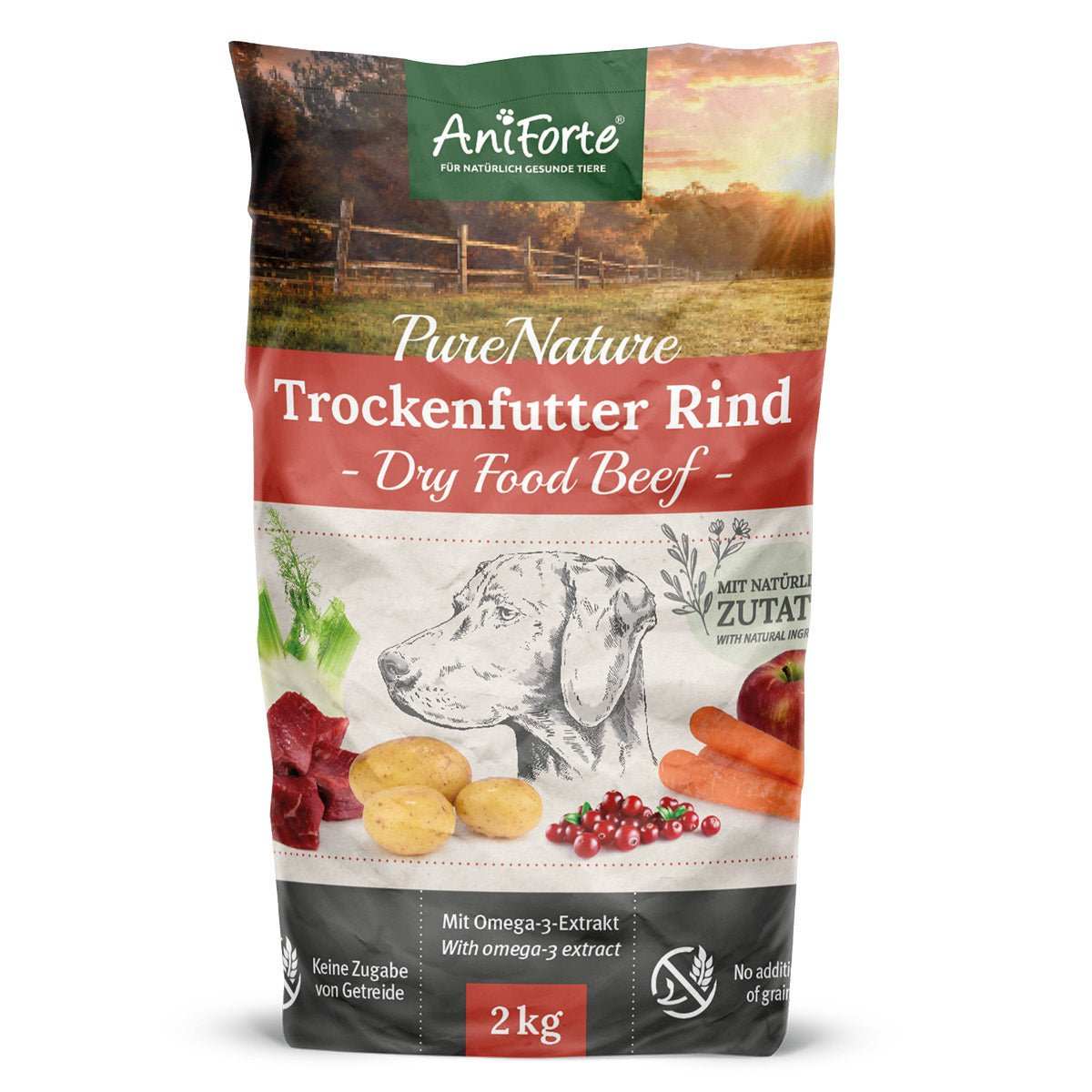 AniForte PureNature Trockenfutter Rind mit Kartoffeln und Gemüse, getreidefrei, hochwertiges Hundefutter in 2 kg Packung.