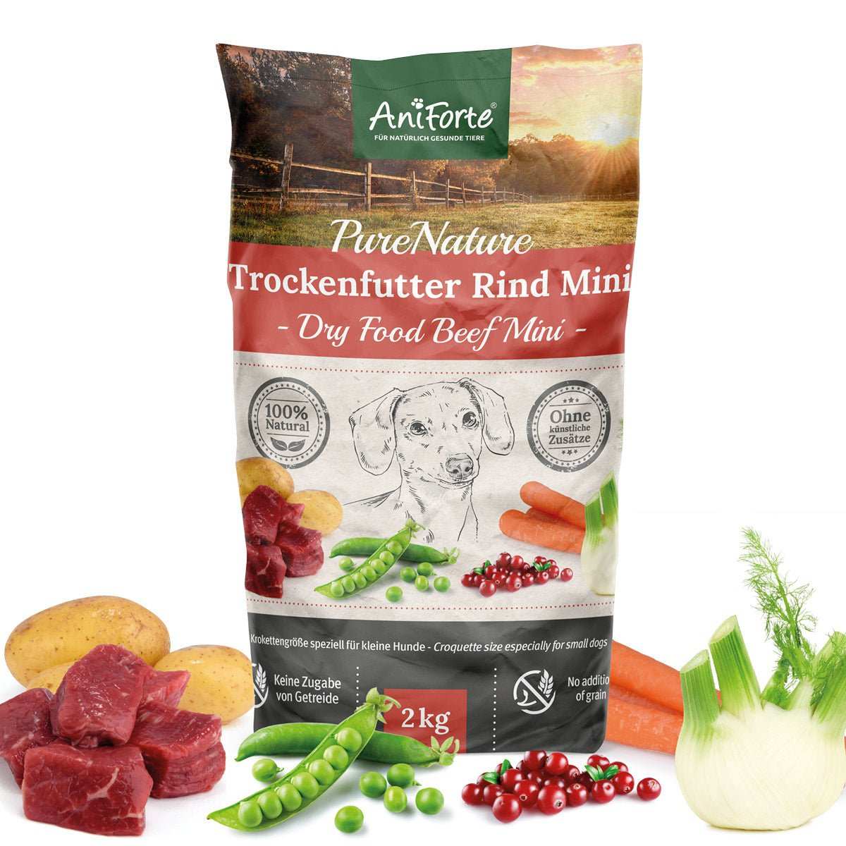 AniForte Trockenfutter Rind Mini für kleine Hunde mit Rind, Möhren, Kartoffeln und Fenchel.