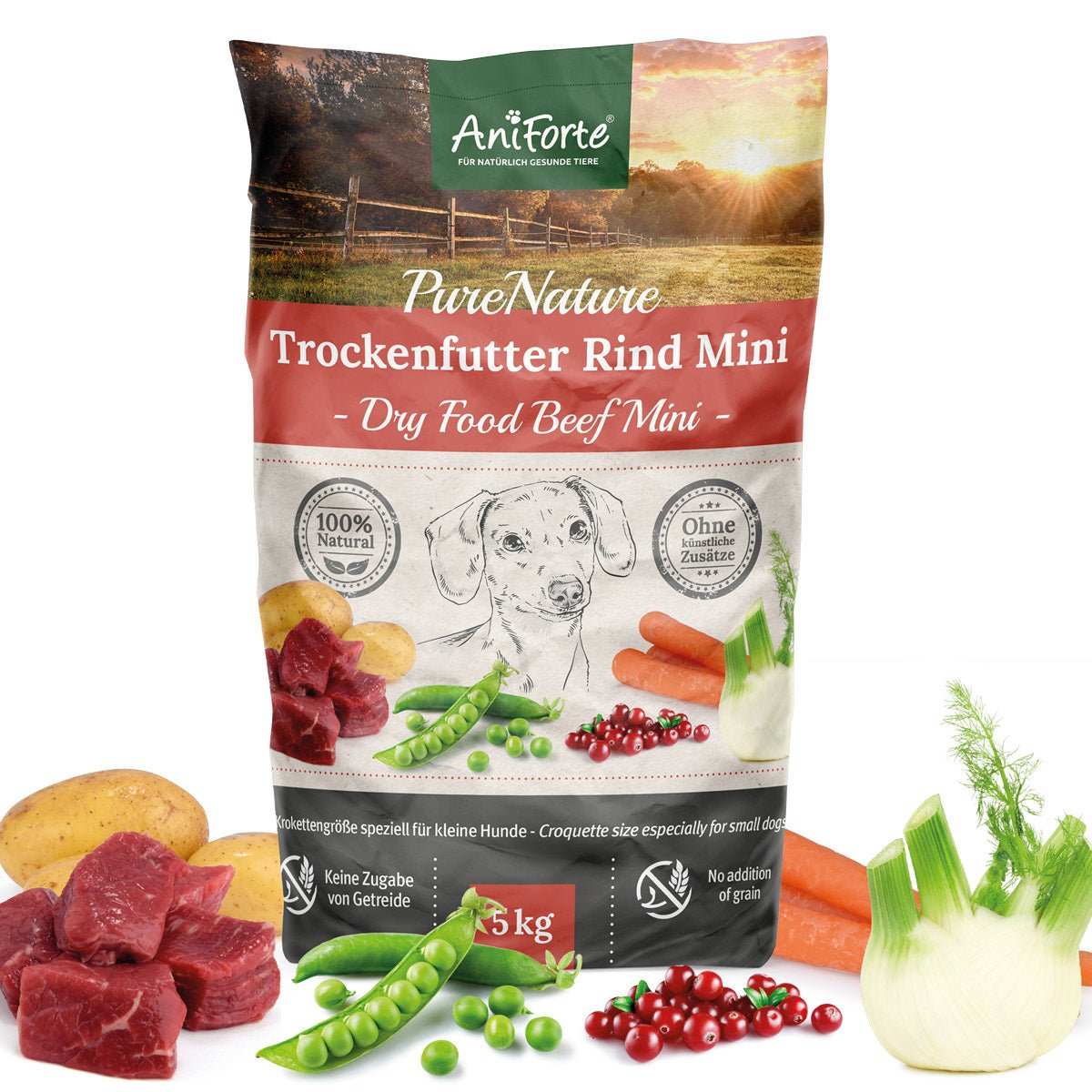 AniForte® Trockenfutter Rind Mini for small dogs with beef, carrots, potatoes, and fennel, grain-free.
