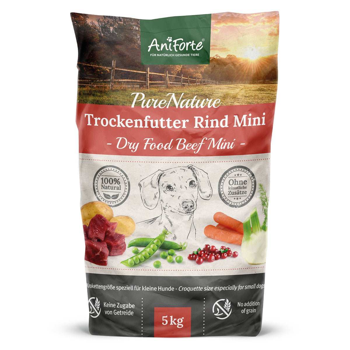 Hochwertiges Trockenfutter Rind Mini für kleine Hunde mit Rindfleisch, Kartoffeln, Möhren und Fenchel.