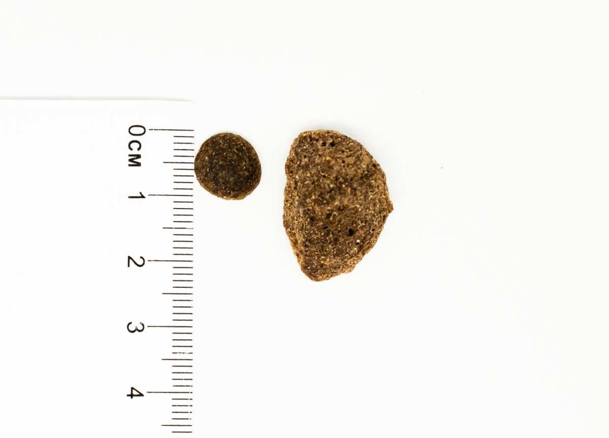 Trockenfutter Rind Mini Kroketten neben Lineal zur Größendarstellung.