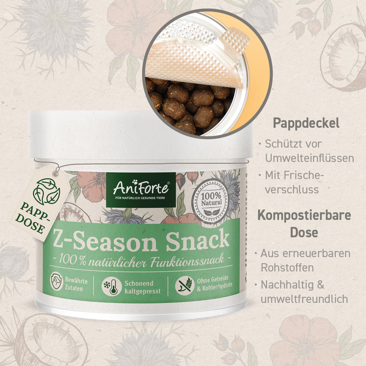 Z-Season Snack in nachhaltig, kompostierbarer Dose mit Frischeverschluss- AniForte