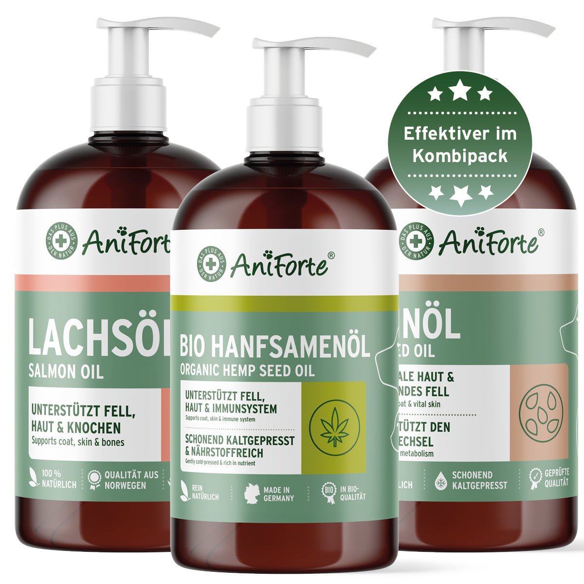 BARF - Öl Set mit Lachsöl, Leinöl & Hanföl - AniForte