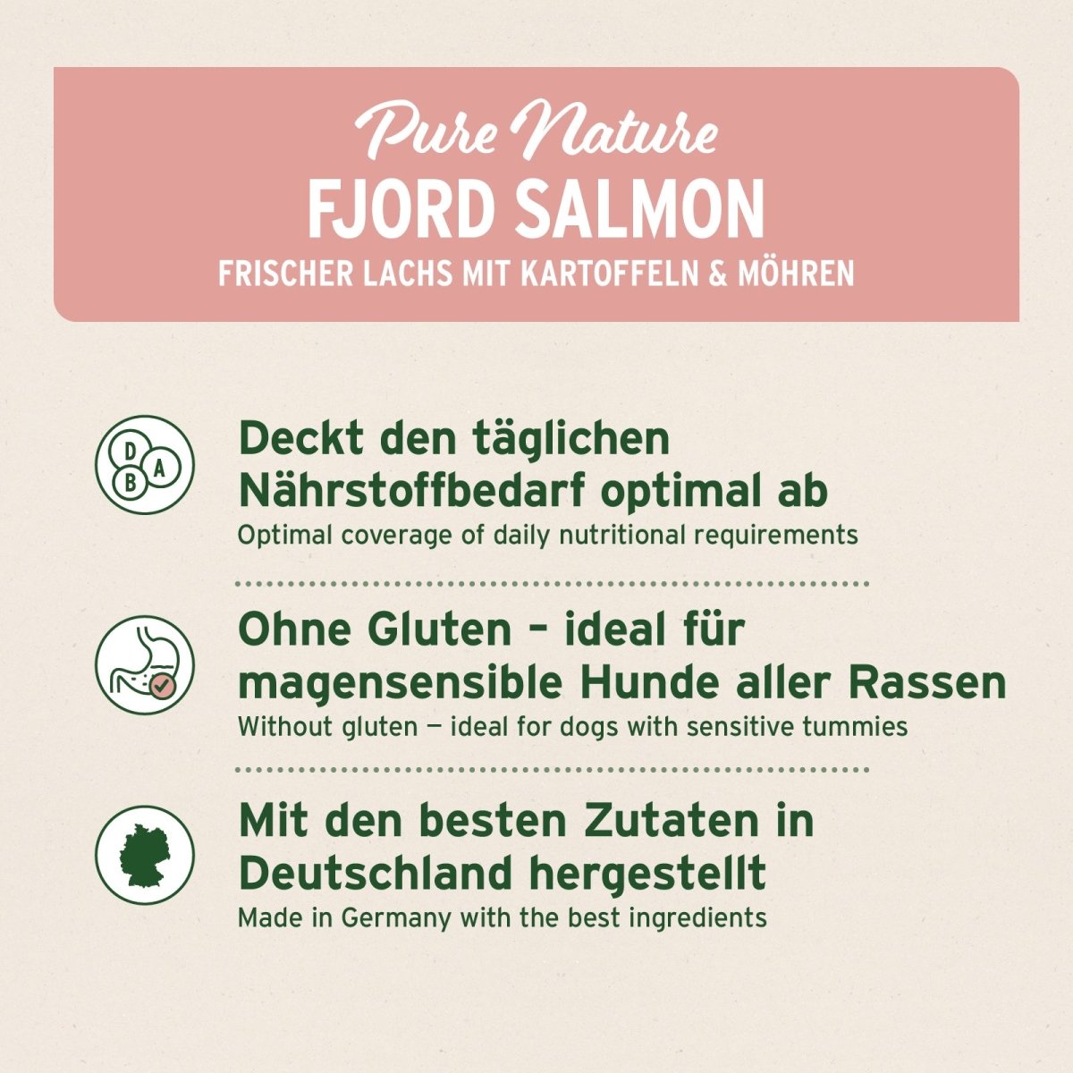 Halbfeuchtes Trockenfutter FjordSalmon mit frischem Lachs, Kartoffeln und Möhren, glutenfrei, hautschonend, in Deutschland hergestellt.
