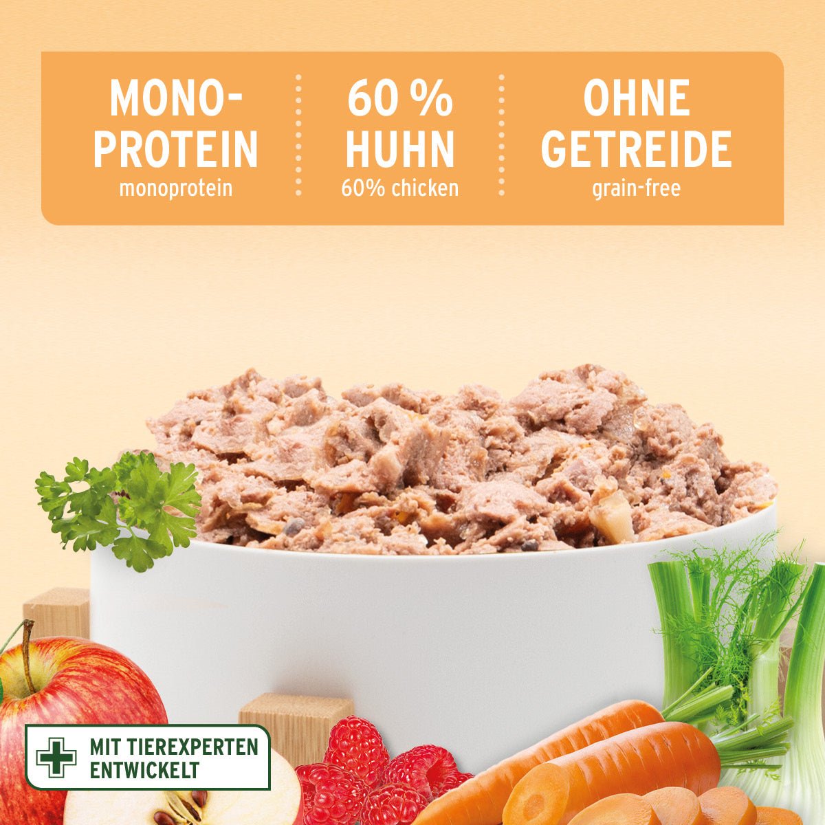 Nassfutter JuniorMenue Huhn mit Möhren, getreidefrei, hochwertiges Welpenfutter, natürliches Hundefutter, Omega-3, hergestellt in Deutschland