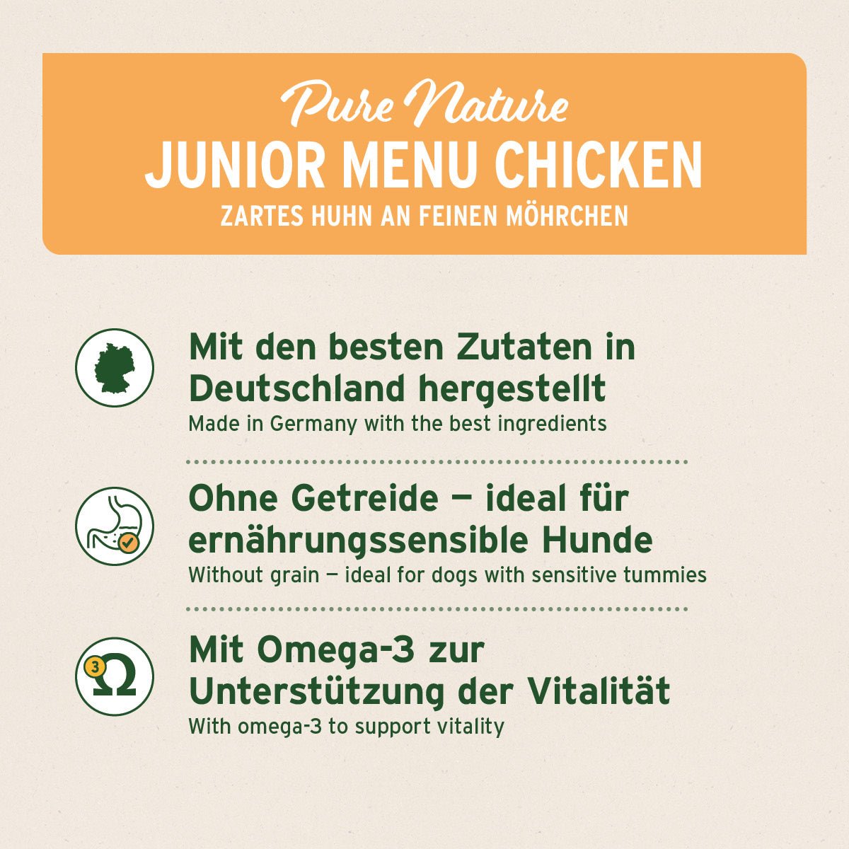 Nassfutter JuniorMenue Huhn mit Möhren, getreidefrei, glutenfrei, hochwertiges Welpenfutter aus Deutschland