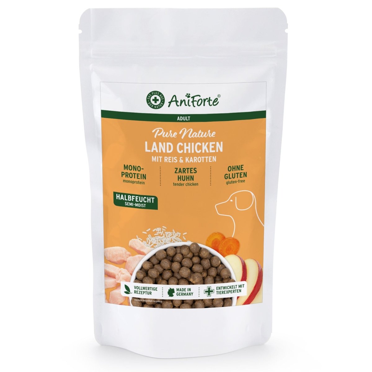halbtrockenes Trockenfutter LandChicken mit zartem Huhn, Reis und Karotten, glutenfrei, hochwertiges Hundefutter made in Germany