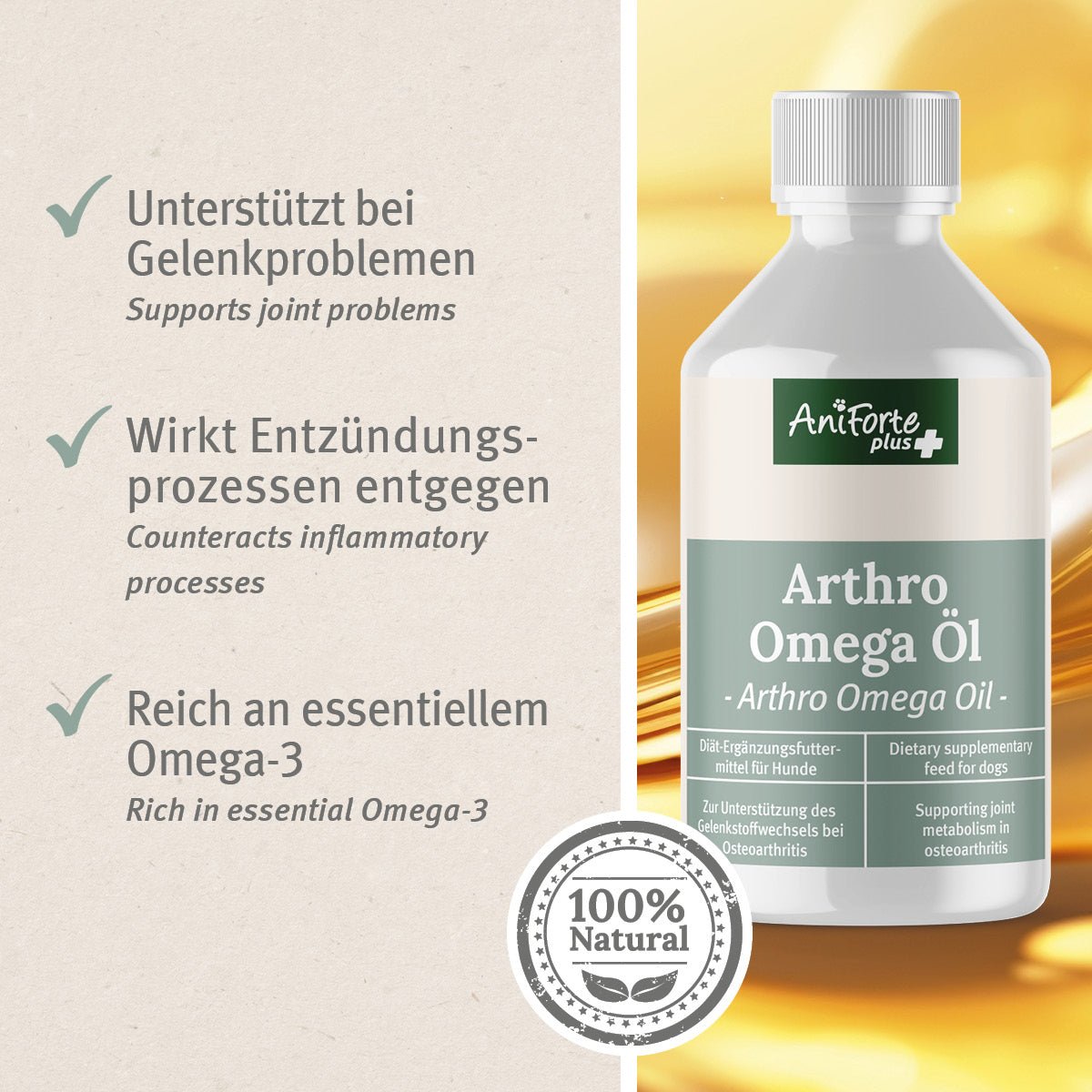 Arthro Omega Öl unterstützt bei Gelenkproblemen, wirkt antientzündlich und ist reich an Omega 3- AniForte