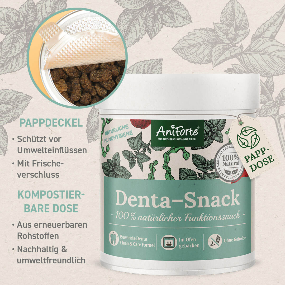 Denta-Snack besteht aus Pappdeckel mit Frischeverschluss und nachhaltig kompostierbarer Dose - AniForte