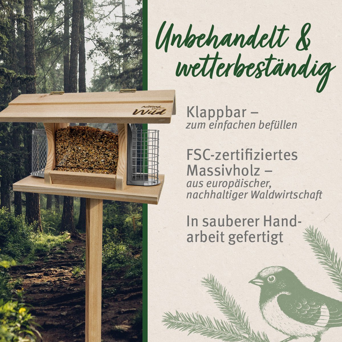 Futterhaus mit Standfuß für Wildvögel + 200 g Futter - AniForte
