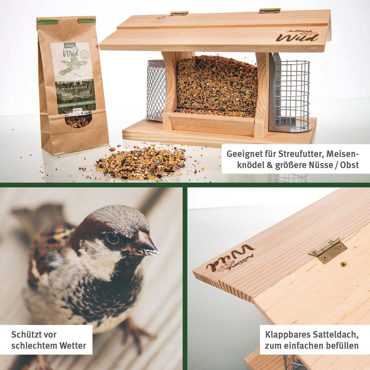 Futterhaus mit Standfuß für Wildvögel + 200 g Futter - AniForte